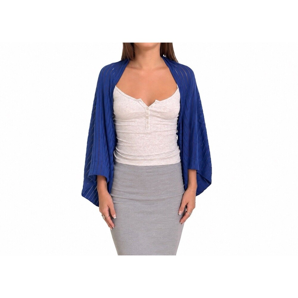 Anne Fontaine Blue Ribbed Knit Open Front One Size Draped Shrug
